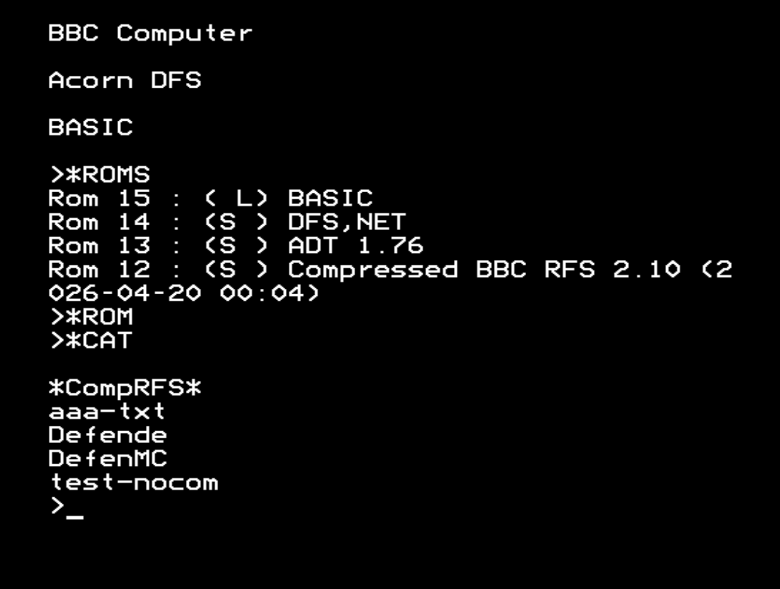 A BeebRFSMaker ROM image as seen by a BBC Micro or emulator